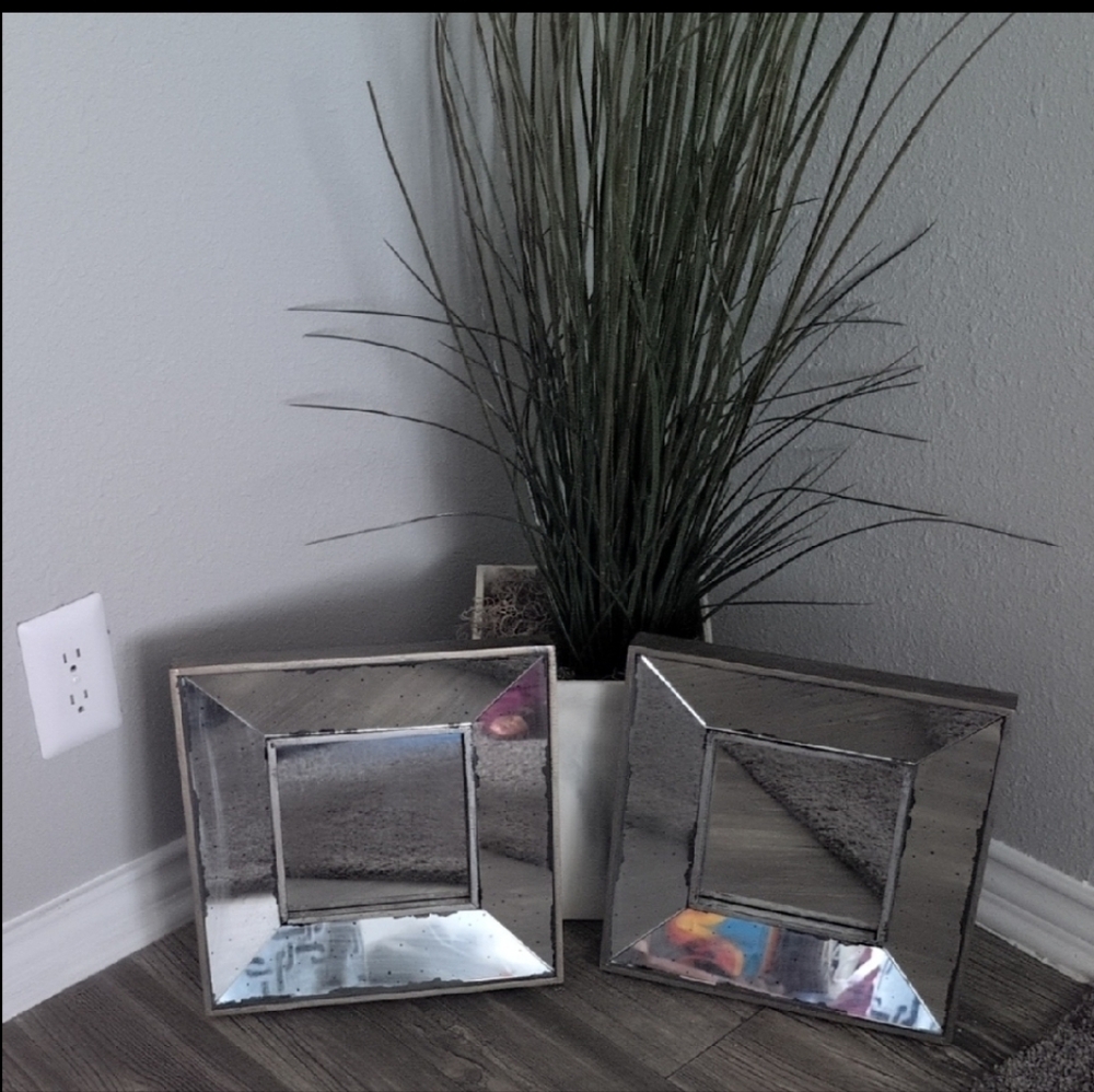 Set of Two Glass Accent Silver Square Wall Mirrors